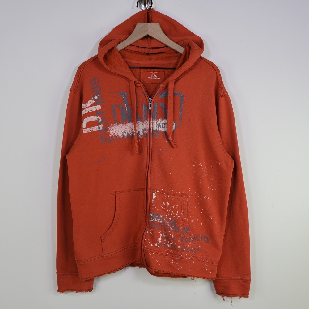 Y2K DKNY Active Stencil Spray Paint Zip Up Hoodie M Distressed Orange Streetwear